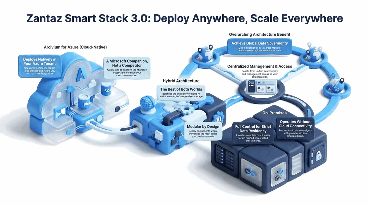 Smart Stack 3.0 deployment architecture showing Arcivium for Azure, Hybrid Architecture, and On-Premises options